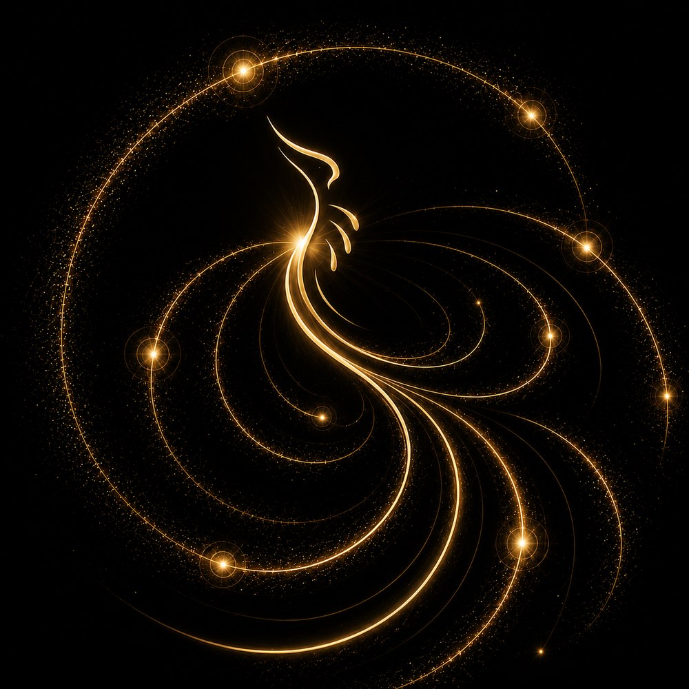 The Simour phoenix mark, rising from a point of light, encircled by orbiting points representing the milestones.